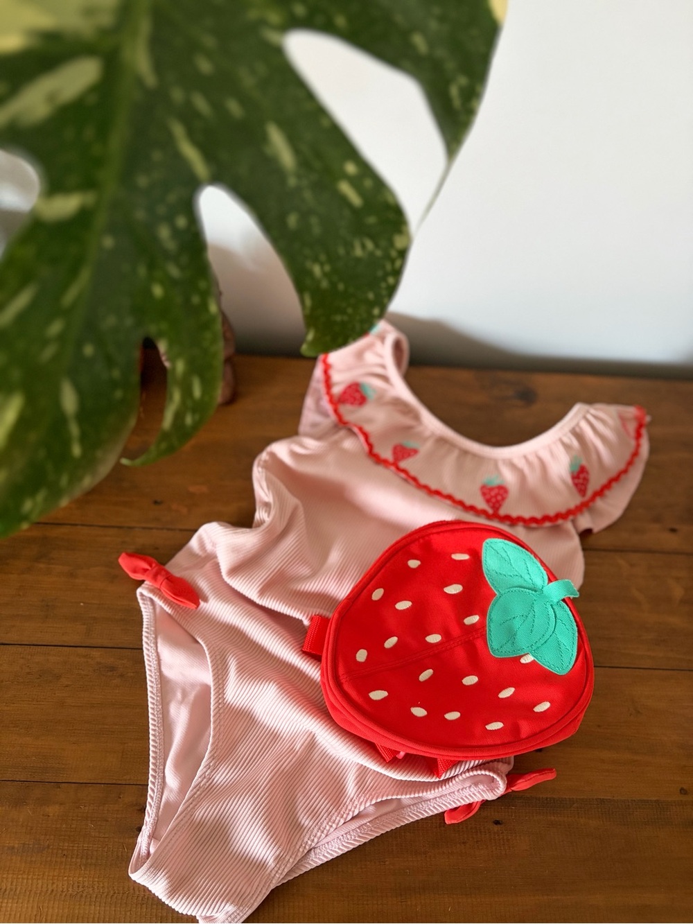 Flapdoodles Pink Ruffle One-Piece Swimsuit with Strawberry Pouch
